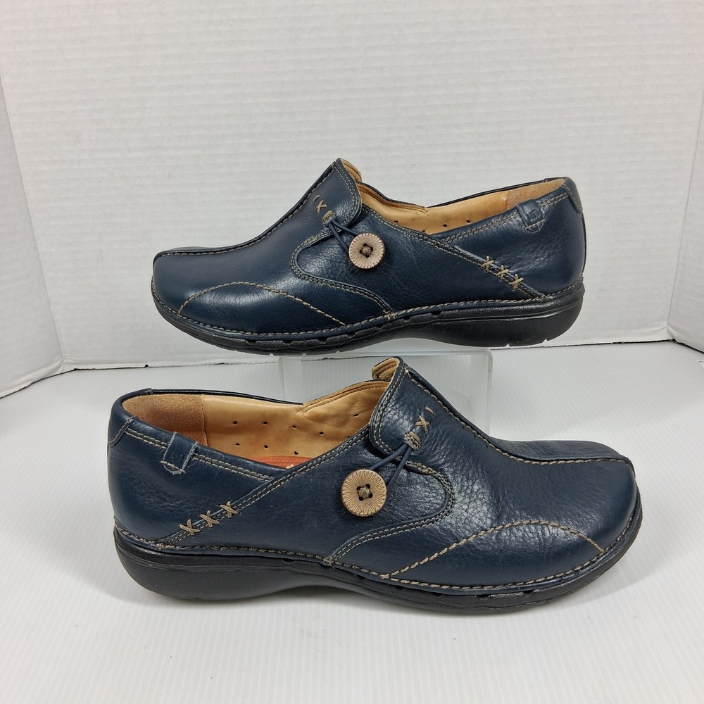 Clarks Unstructured Un.Loop Navy Blue Leather Loafers Womens 7.5 M Slip On Shoes